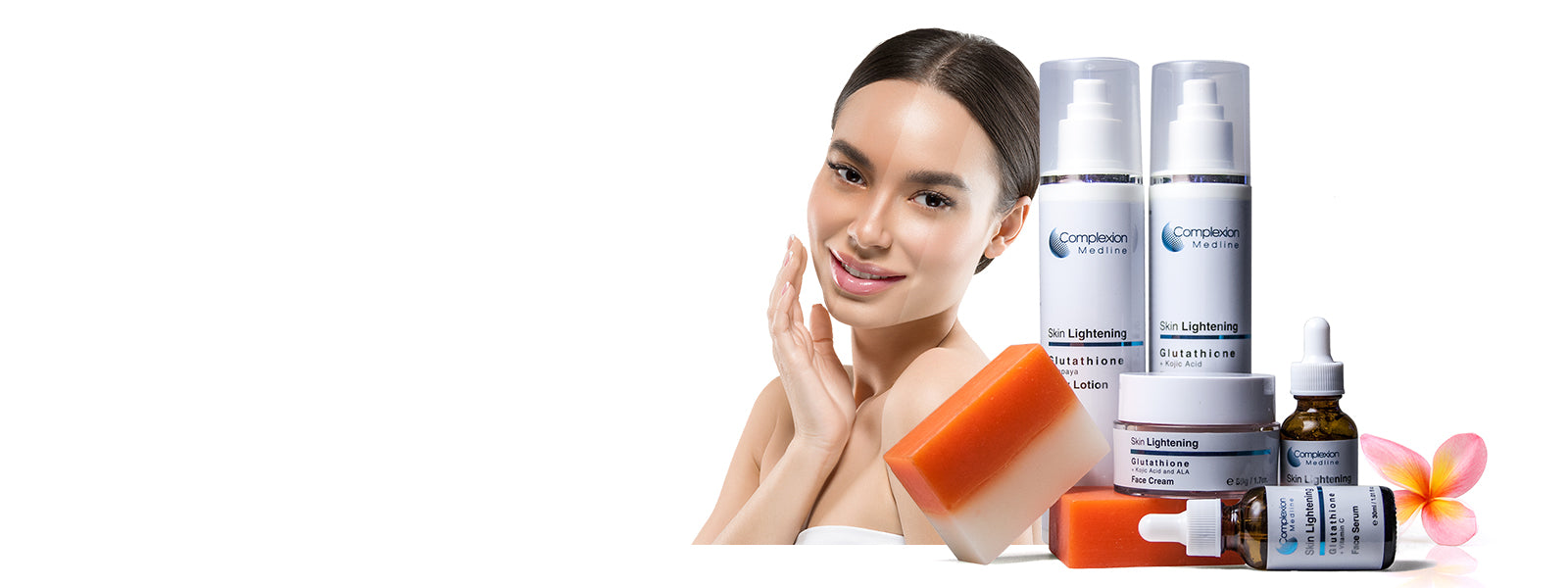 complexion medline skin lightening products and model, including glutathione body lotion, glutathione, kojic acid and ALA face cream, glutathion and vitamin c face serum, skin lightening soap for delicate skin